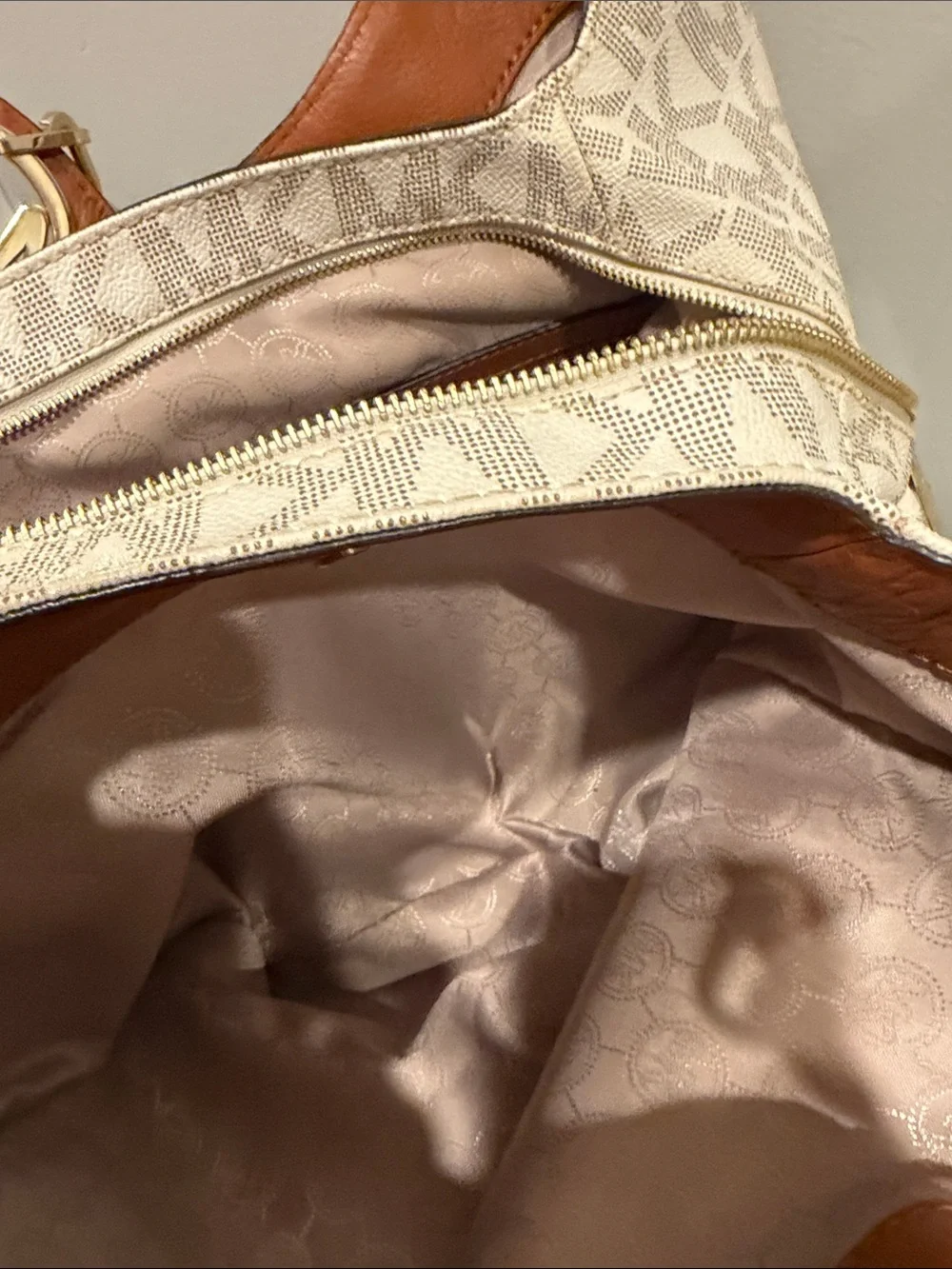 Michael Kors Cream MK Logo Hobo with Gold Hardware and Tan Handles